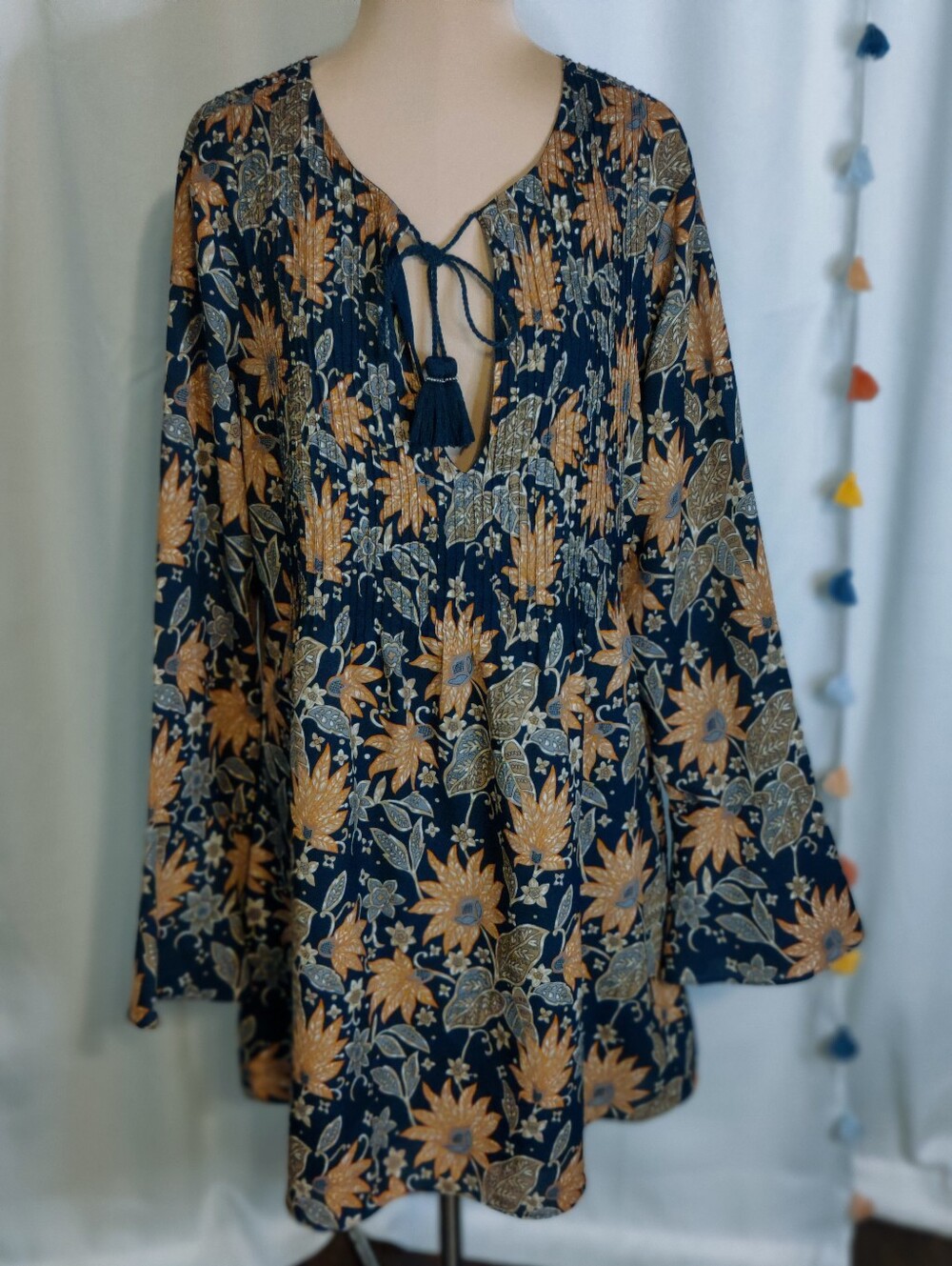 Tularosa Op Art Floral Babydoll Mini Dress Jewel Tones Smocked Bell Sleeves LG